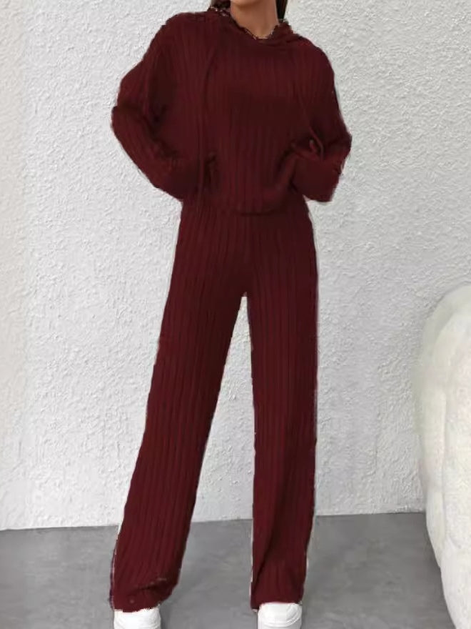 Loose hooded knitted striped long-sleeved set