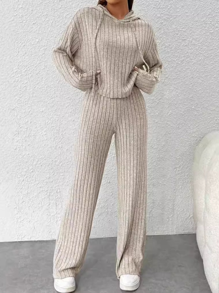 Loose hooded knitted striped long-sleeved set