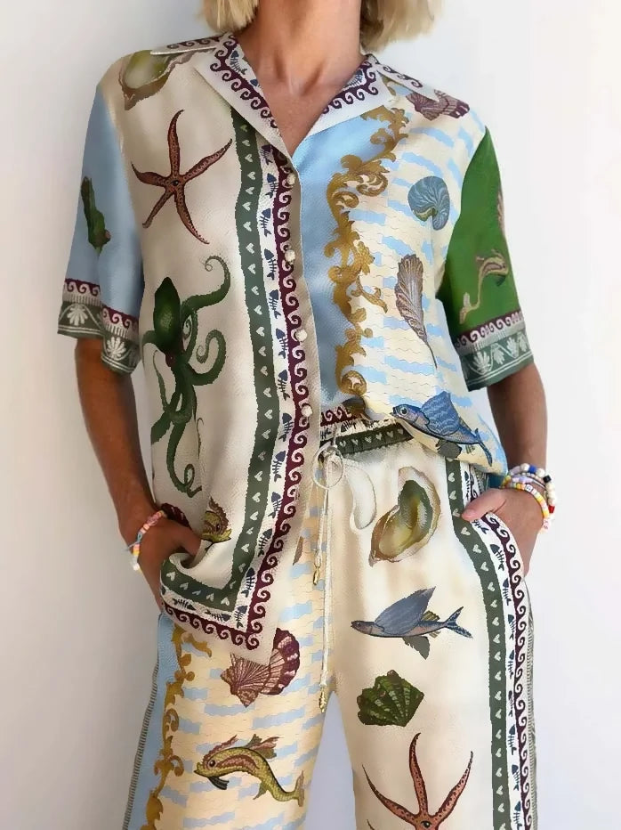 Unique Deep Sea Floral Print Loose Shirt and Pants Set
