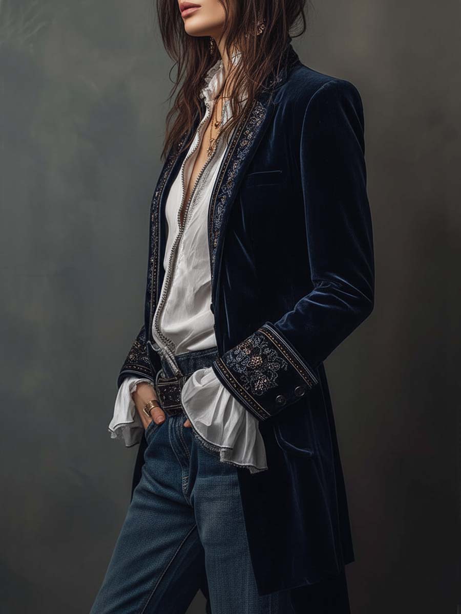 Hollis & June | Cleo Navy Embroidered Longline Blazer