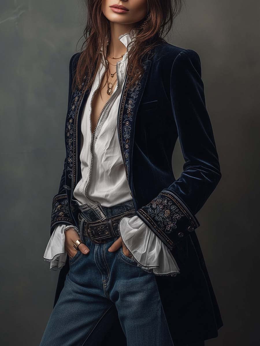 Hollis & June | Cleo Navy Embroidered Longline Blazer