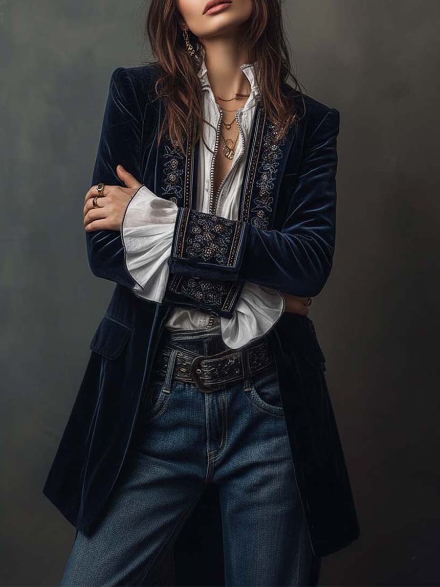 Hollis & June | Cleo Navy Embroidered Longline Blazer