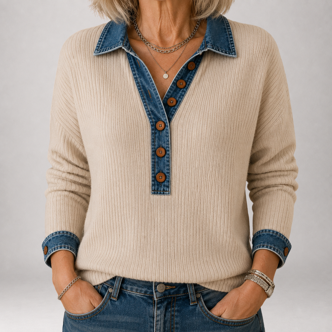 Hollis & June | Clarisse Denim Collar Polo Sweater
