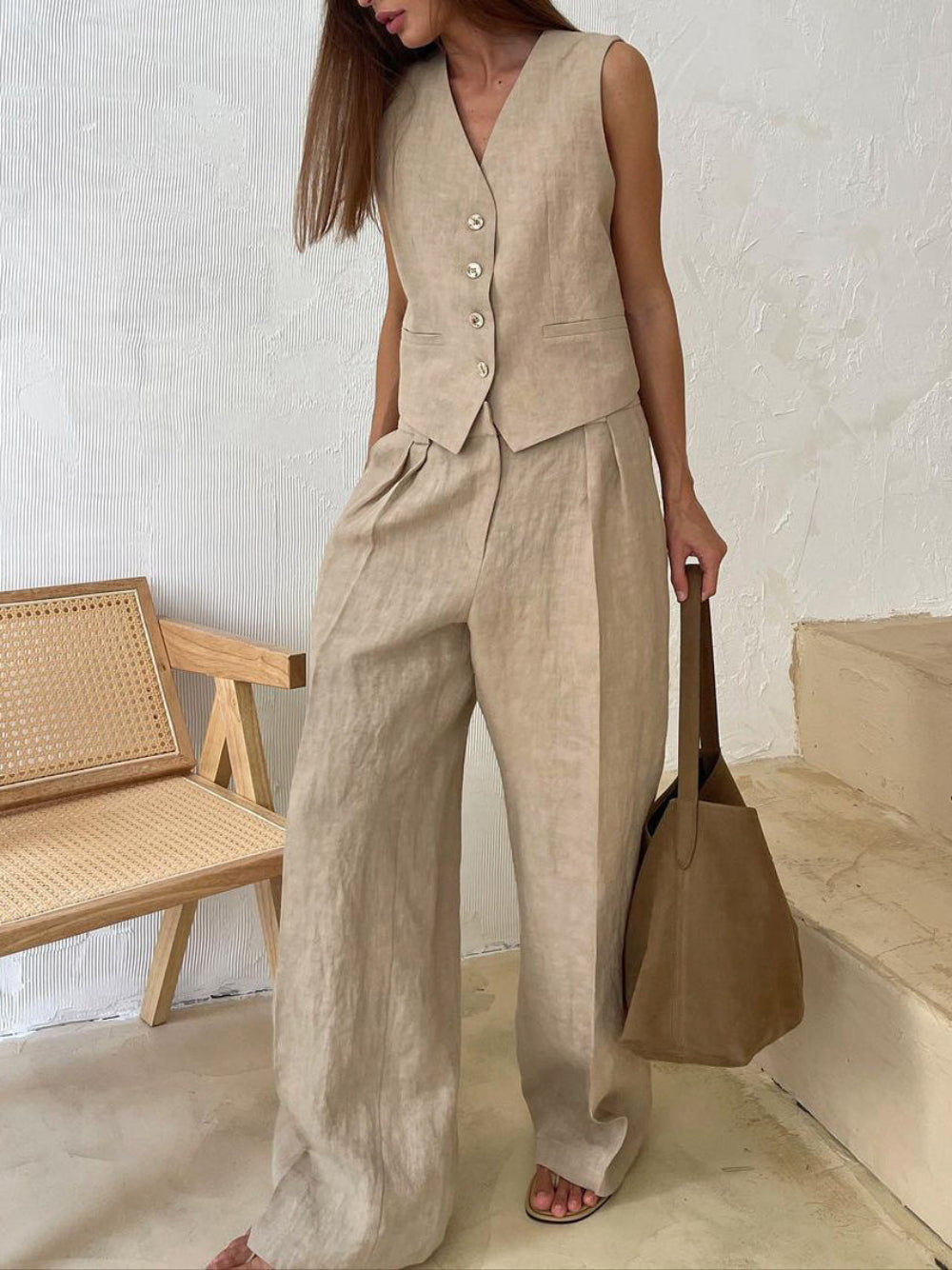 Classic V-neck Pleated Cotton and Linen Wide-leg Pants Suit