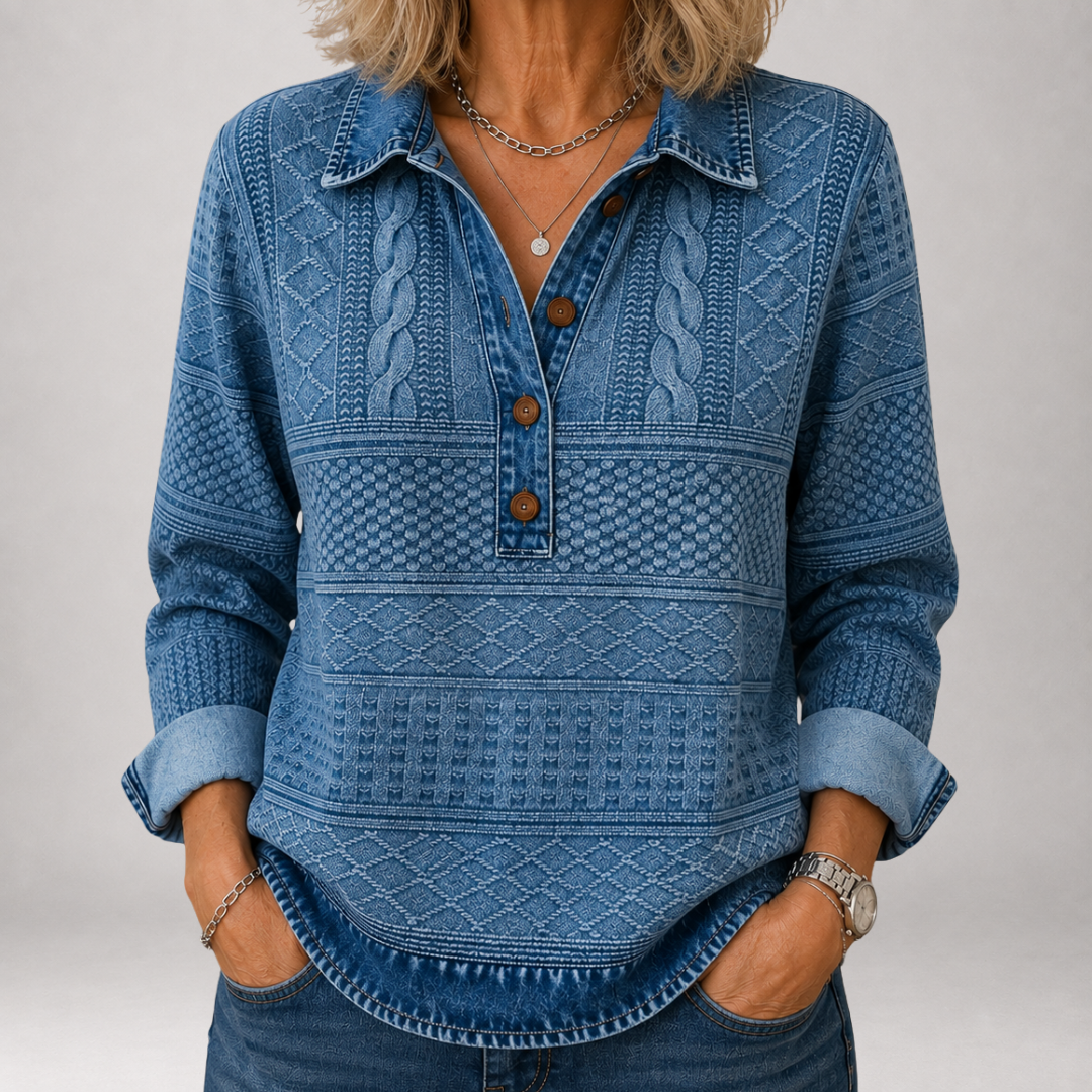 Hollis & June | Jorunn Jacquard Denim-Wash Polo Sweater