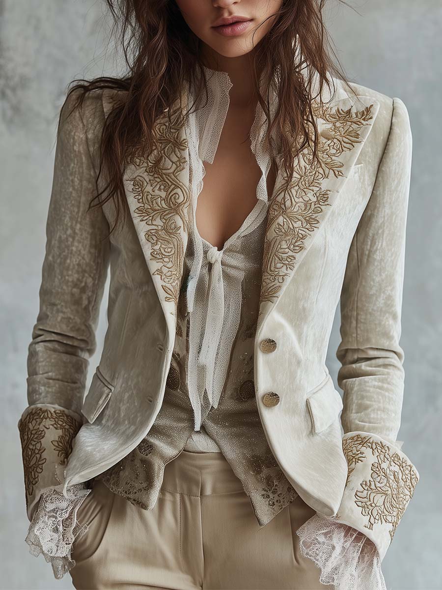 Hollis & June | Jenna Ivory Embroidered Blazer