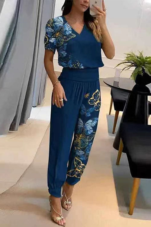 Casual V-Neck Printed Short Sleeve Long Pants Two-Piece Set