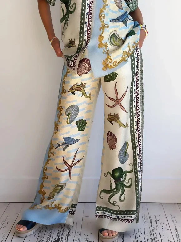 Unique Deep Sea Floral Print Loose Shirt and Pants Set