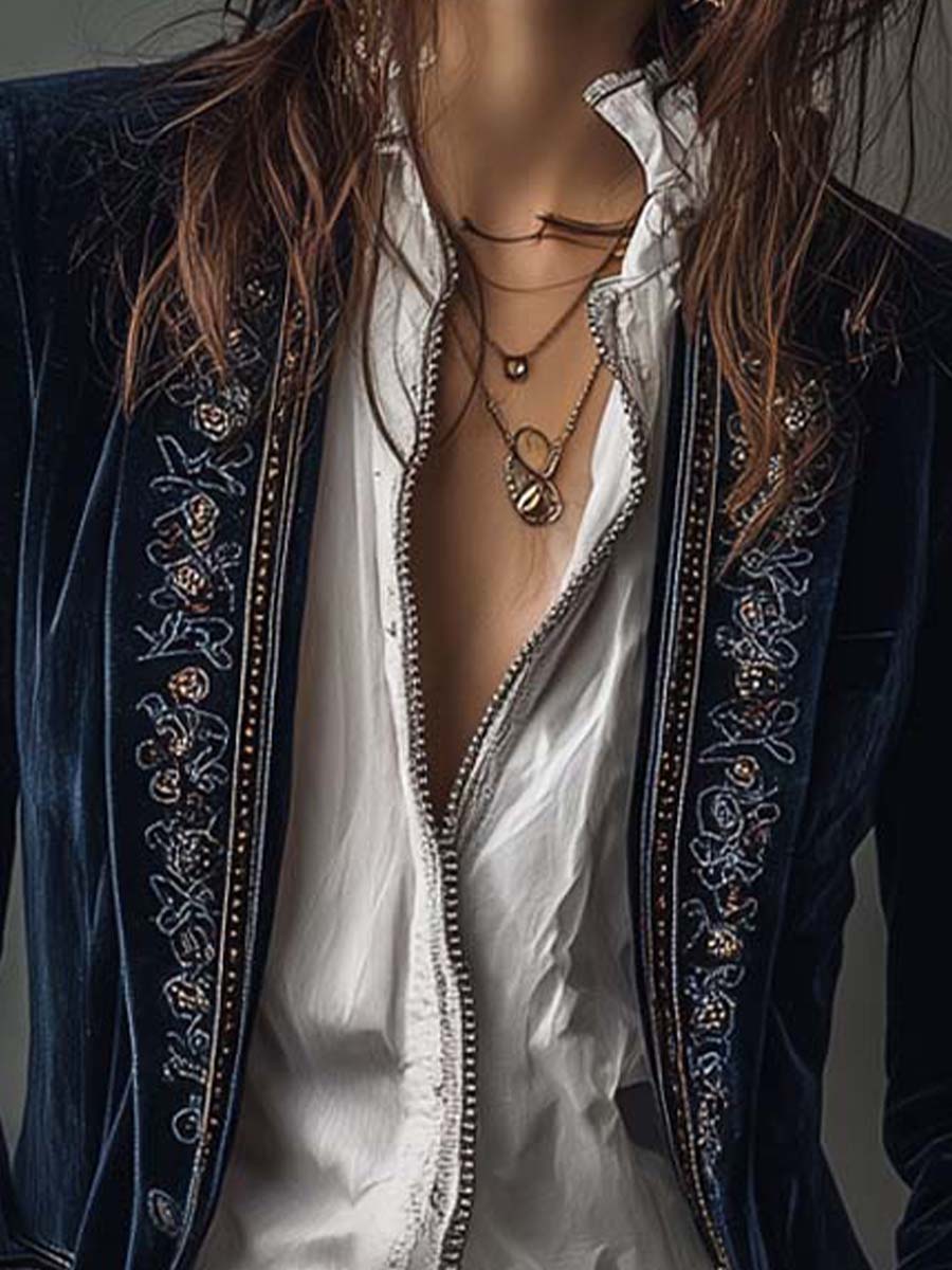 Hollis & June | Cleo Navy Embroidered Longline Blazer