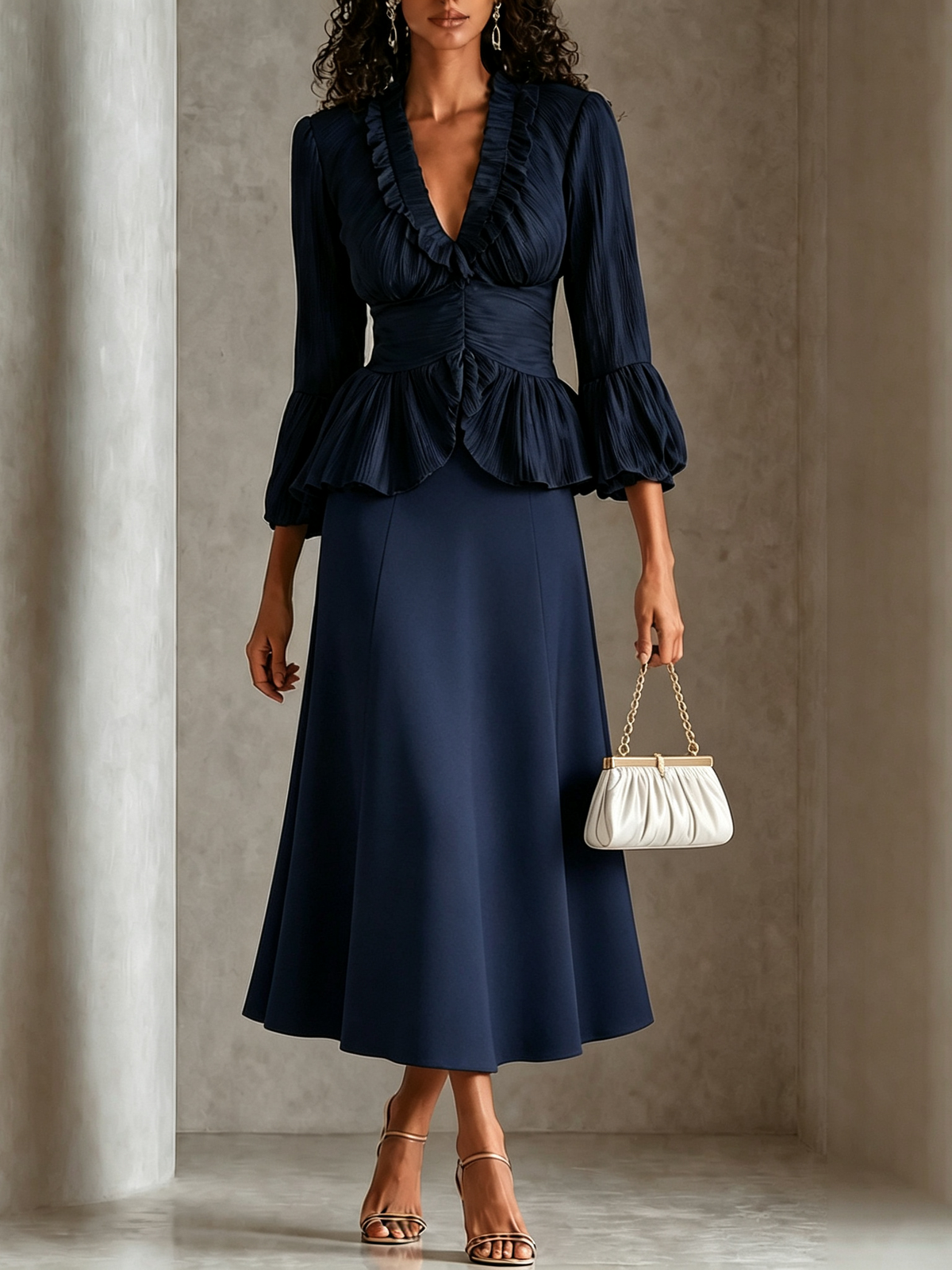 Hollis & June | Navy Peplum Blouse & Midi Skirt Set