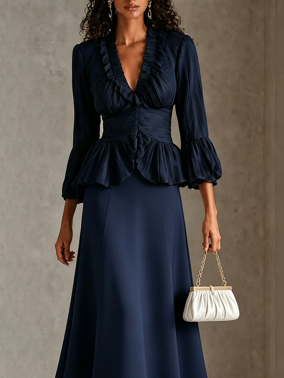 Hollis & June | Navy Peplum Blouse & Midi Skirt Set