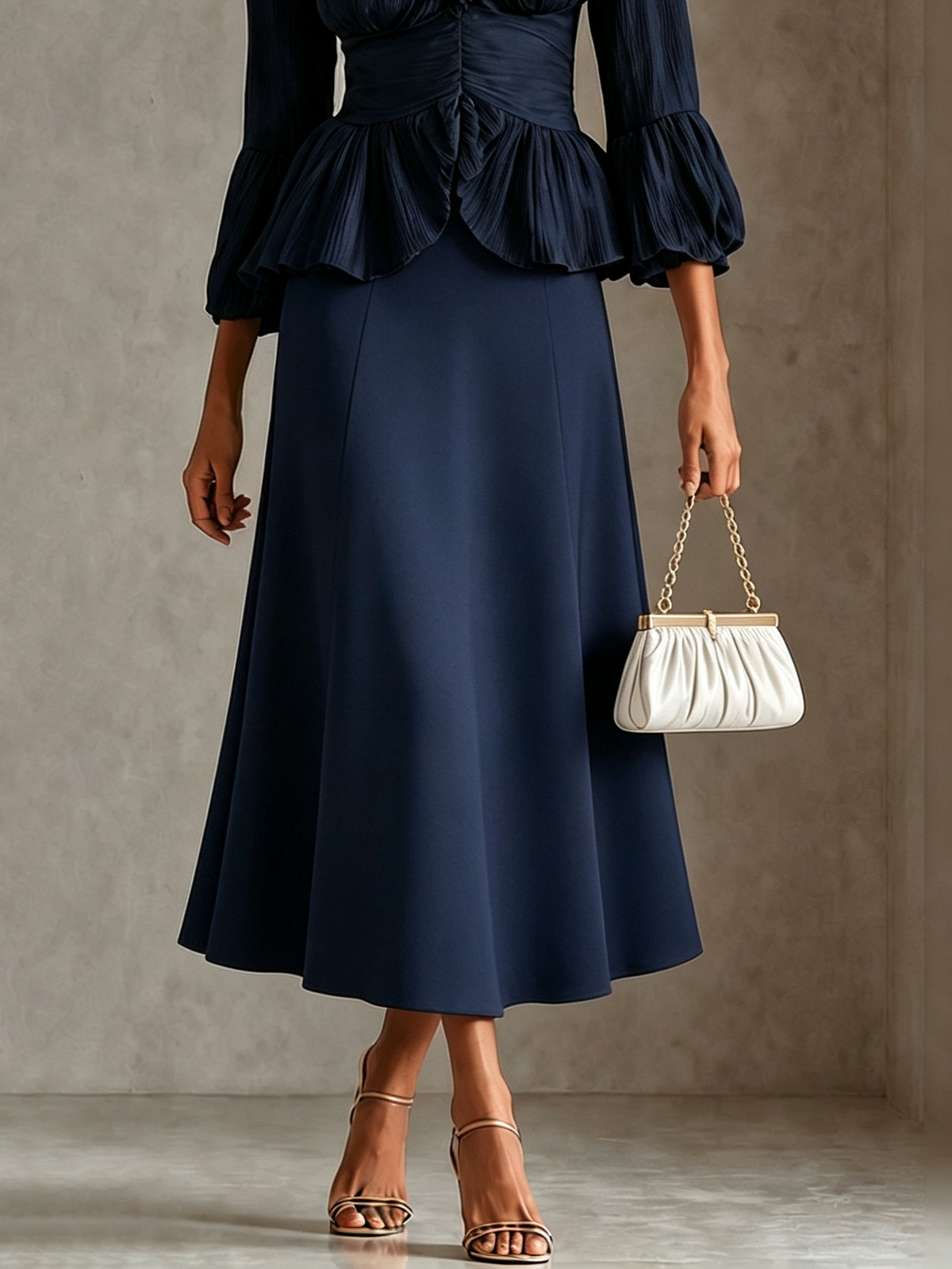 Hollis & June | Navy Peplum Blouse & Midi Skirt Set