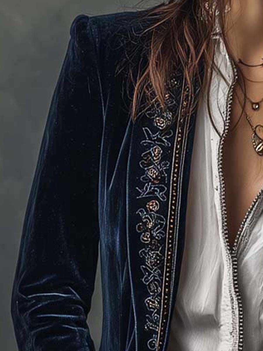 Hollis & June | Cleo Navy Embroidered Longline Blazer