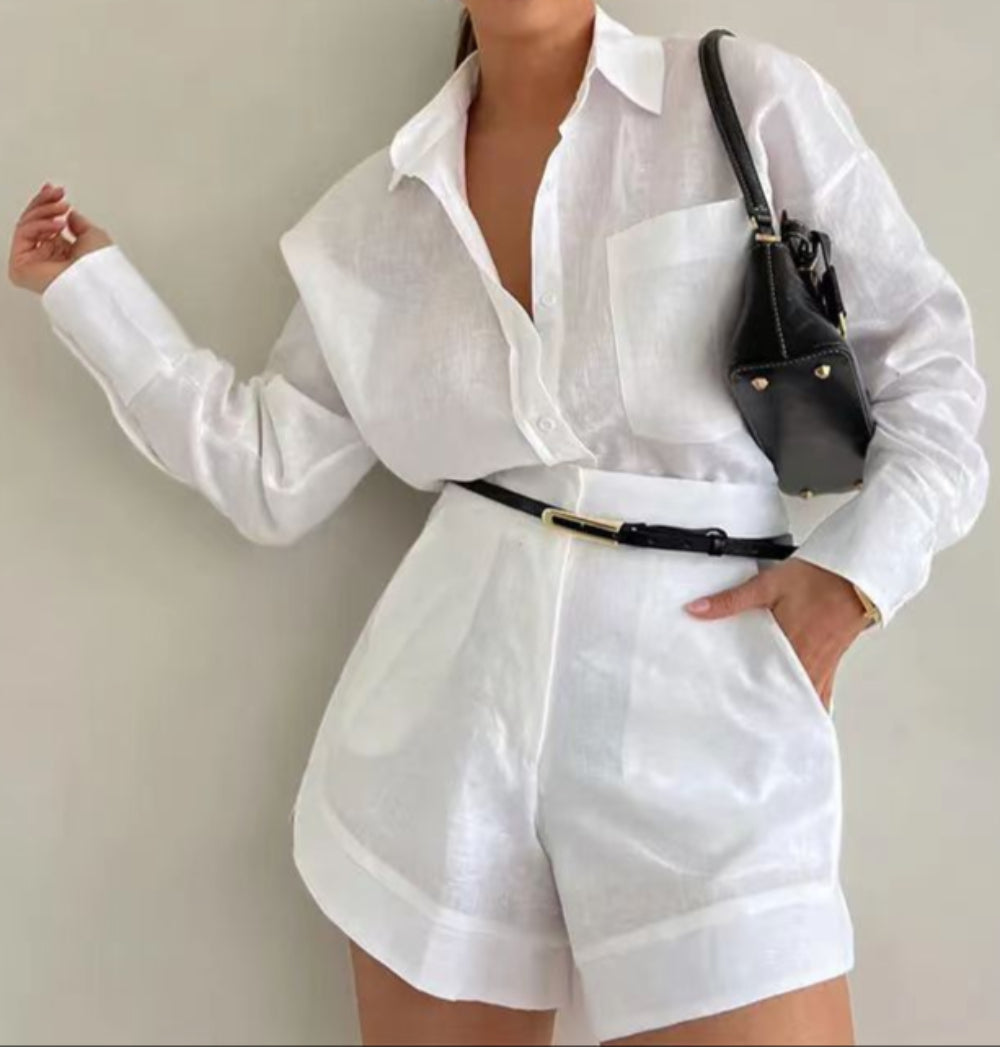 Cotton and Linen Long Sleeve Loose Shorts Set