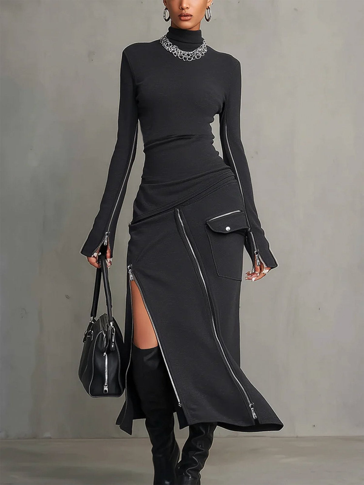 High-neck irregular zipper pocket set