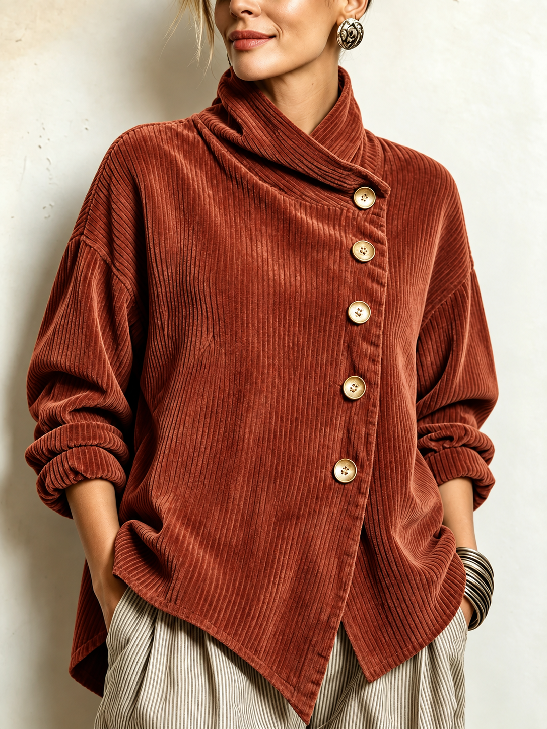 Olivia Corduroy Button-Up Top - Terracotta