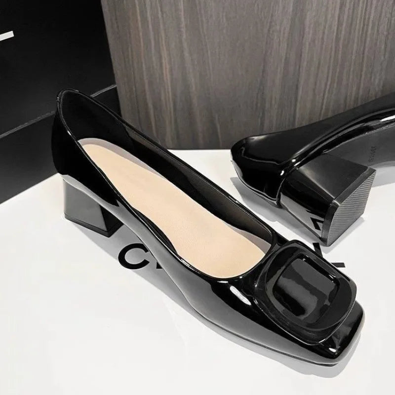 Hollis & June | Patent Buckle Block Heel Pumps
