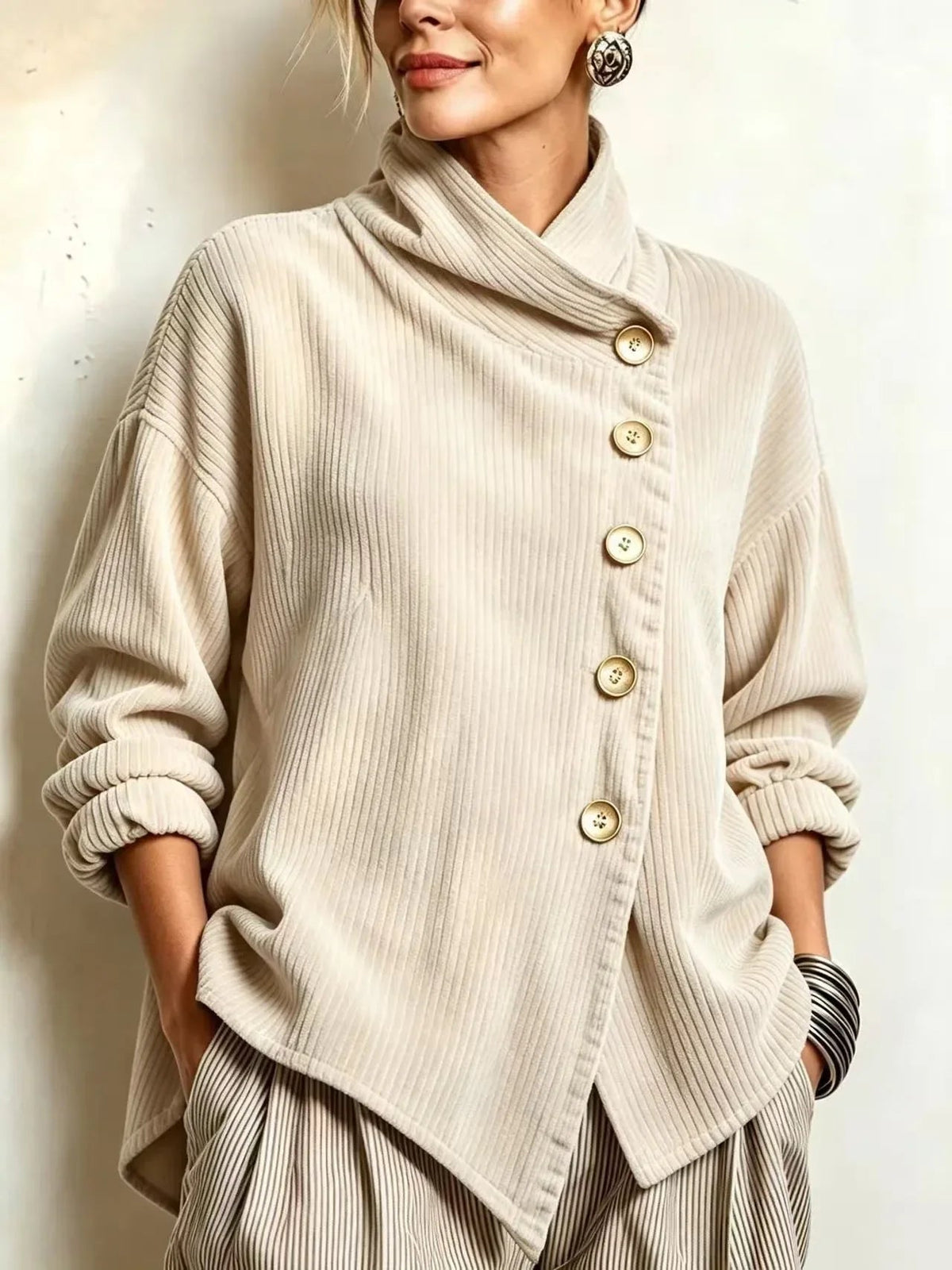 Olivia Corduroy Button-Up Top - Cream