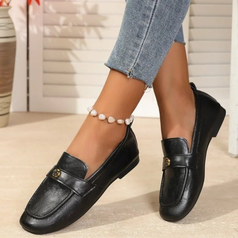 Hollis & June | Gold Flower Leather Loafers
