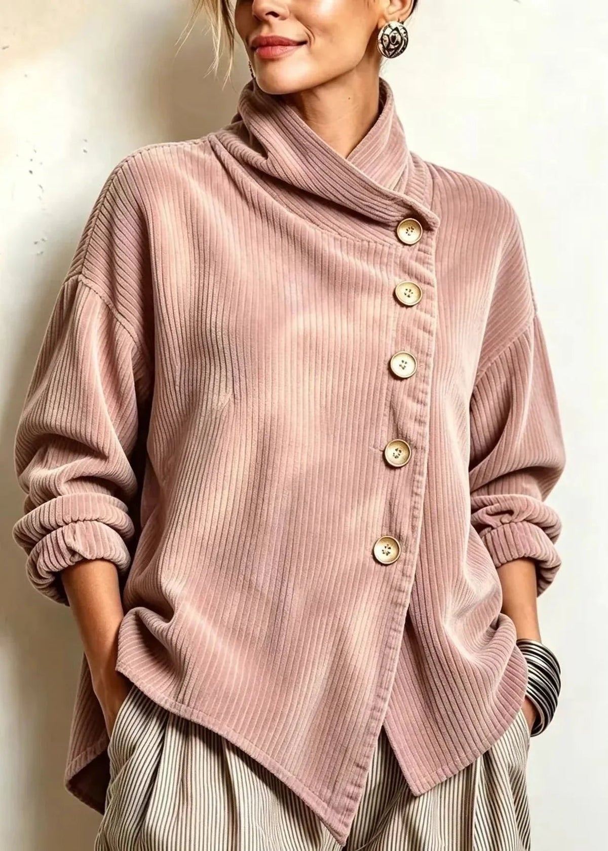 Olivia Corduroy Button-Up Top - Dusty Rose