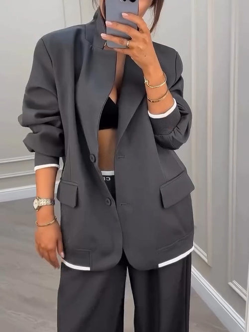 Gray Patchwork Dingle-breasted Blazer+Pants Two-piece Set
