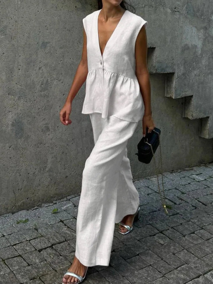 Cotton and linen V-neck ruffled two-piece suit