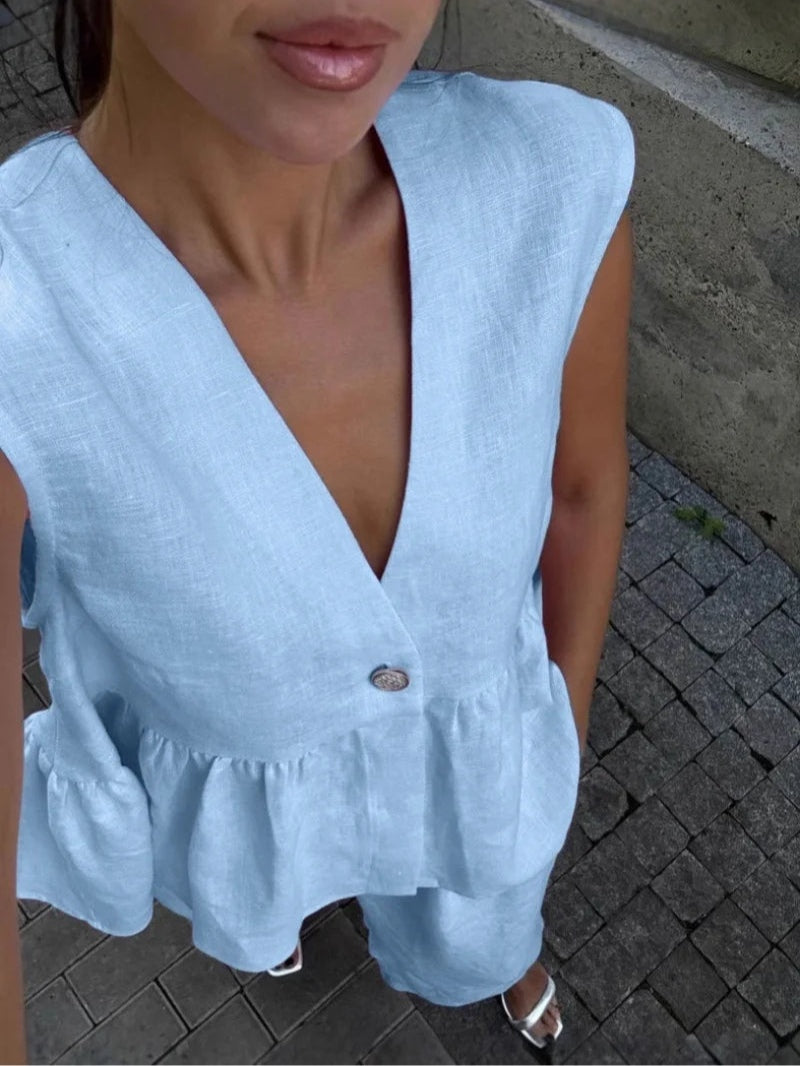 Cotton and linen V-neck ruffled two-piece suit