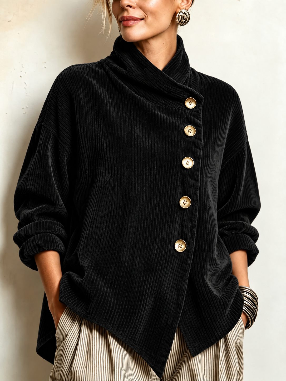 Olivia Corduroy Button-Up Top - Black