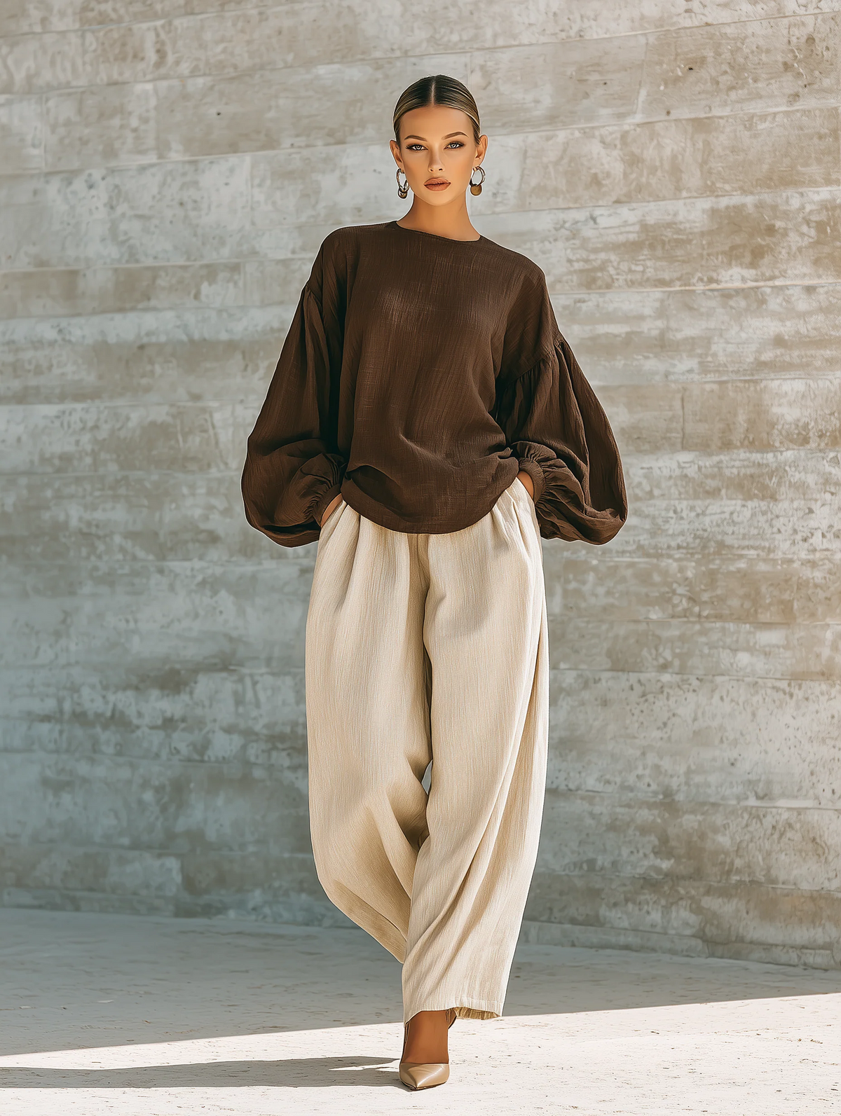 Hollis & June | Brown Long Sleeve Top & Wide-Leg Trouser Set