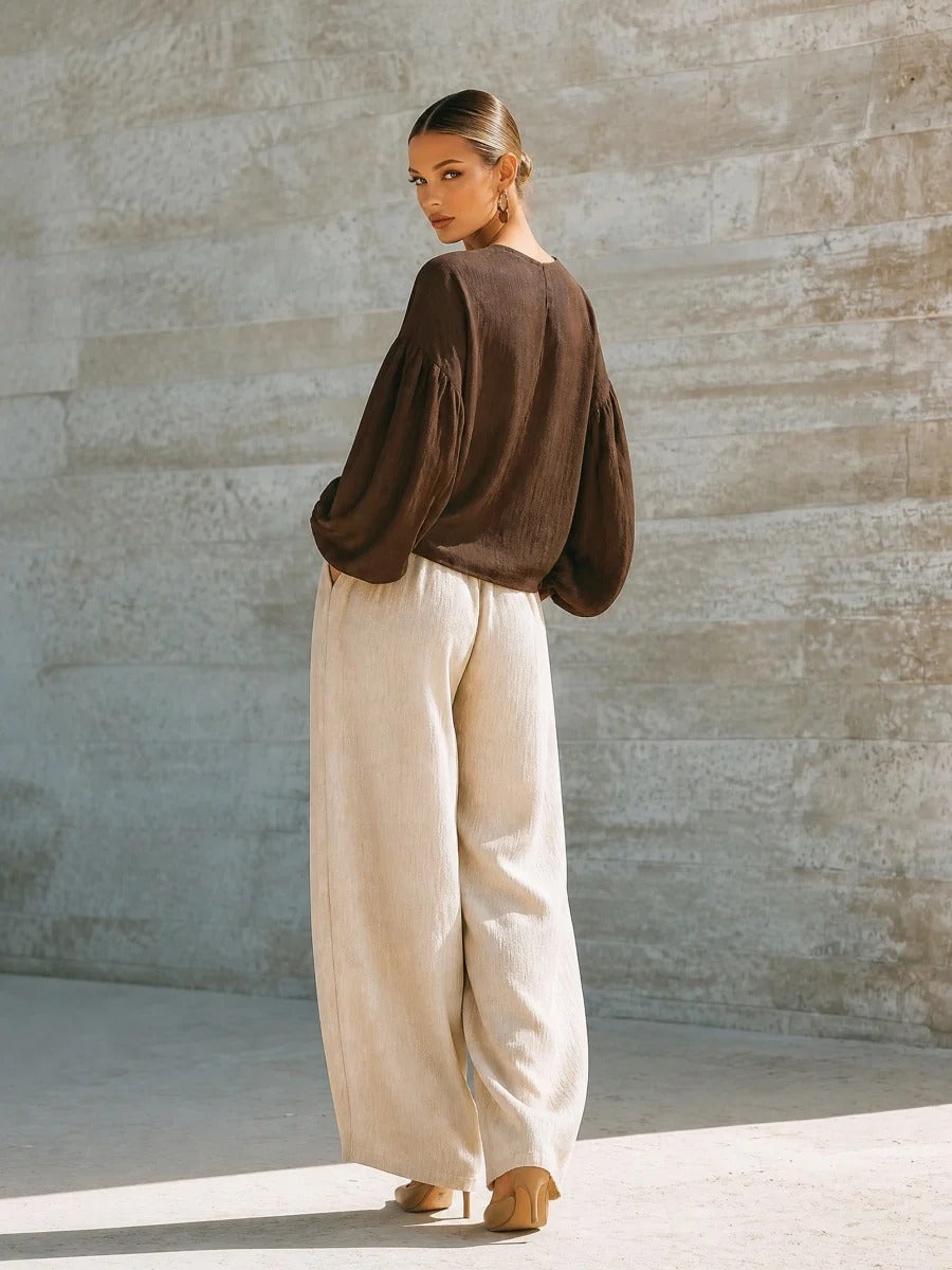 Hollis & June | Brown Long Sleeve Top & Wide-Leg Trouser Set