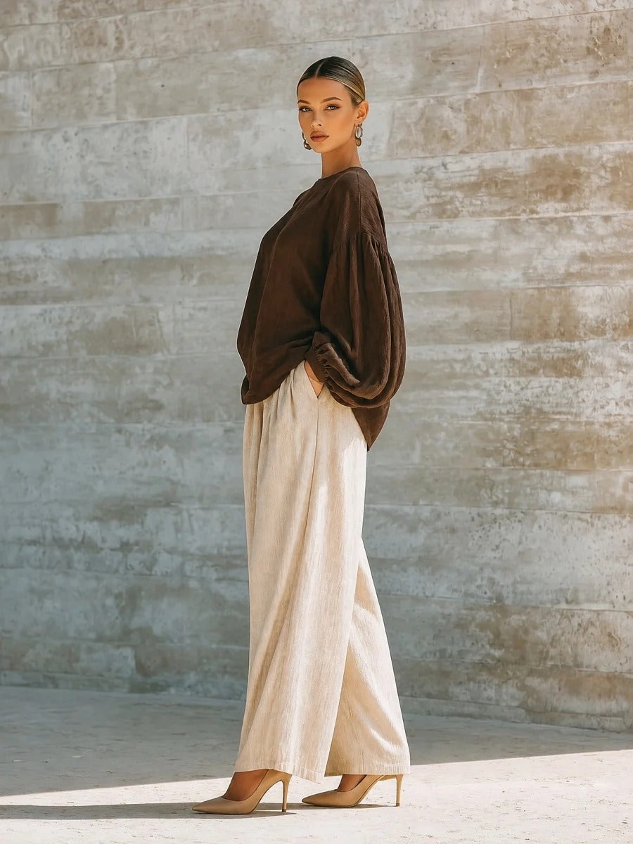 Hollis & June | Brown Long Sleeve Top & Wide-Leg Trouser Set