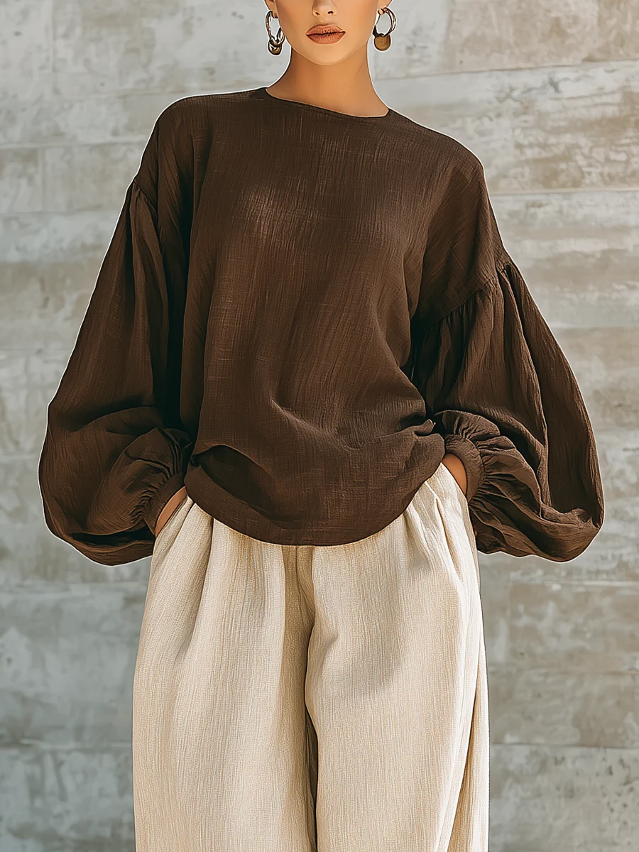 Hollis & June | Brown Long Sleeve Top & Wide-Leg Trouser Set