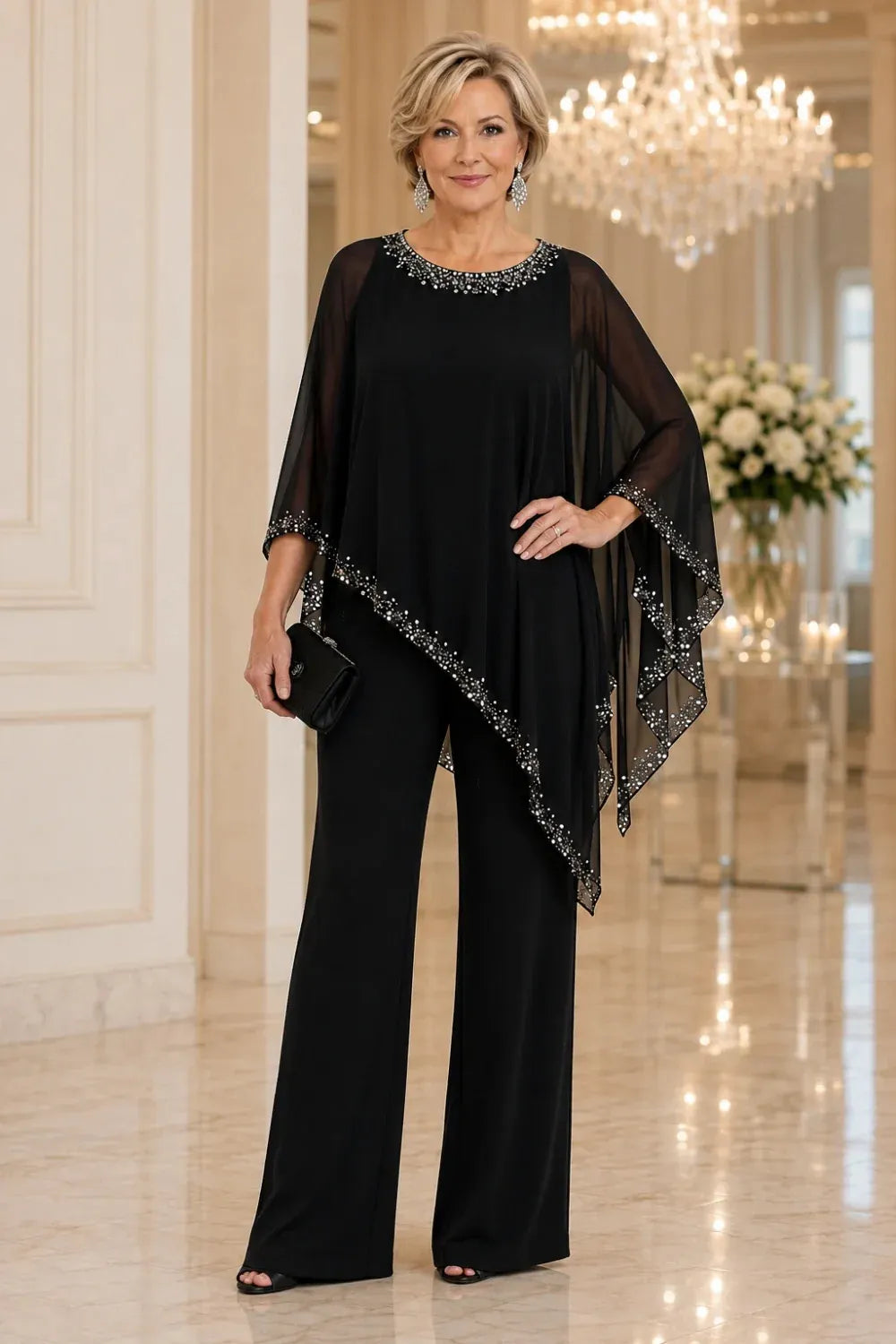 Hollis & June | Beaded Cape Wide-Leg Pant Suit