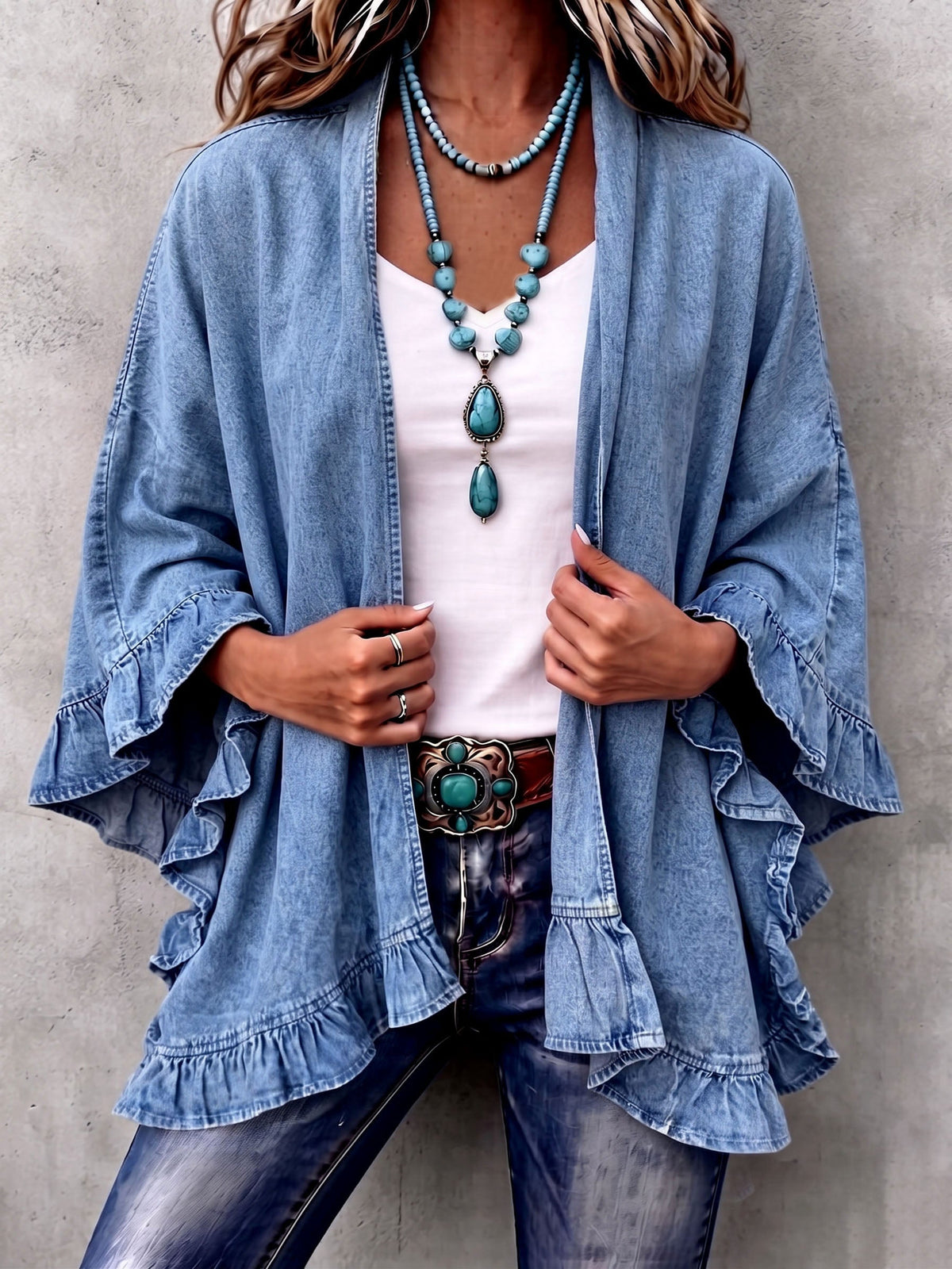 Hollis & June | Corinne Boho Denim Ruffle Cardigan
