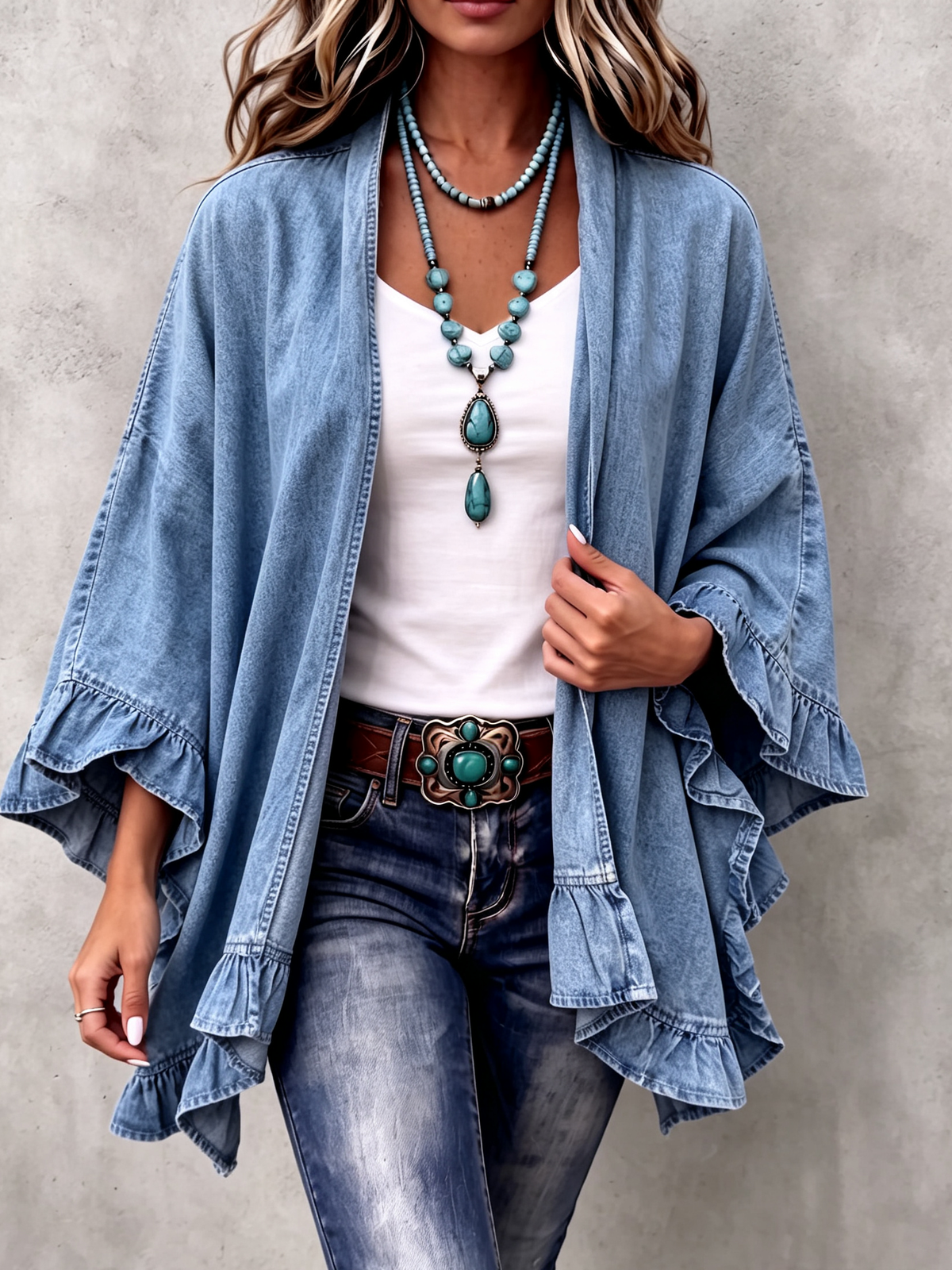 Hollis & June | Corinne Boho Denim Ruffle Cardigan