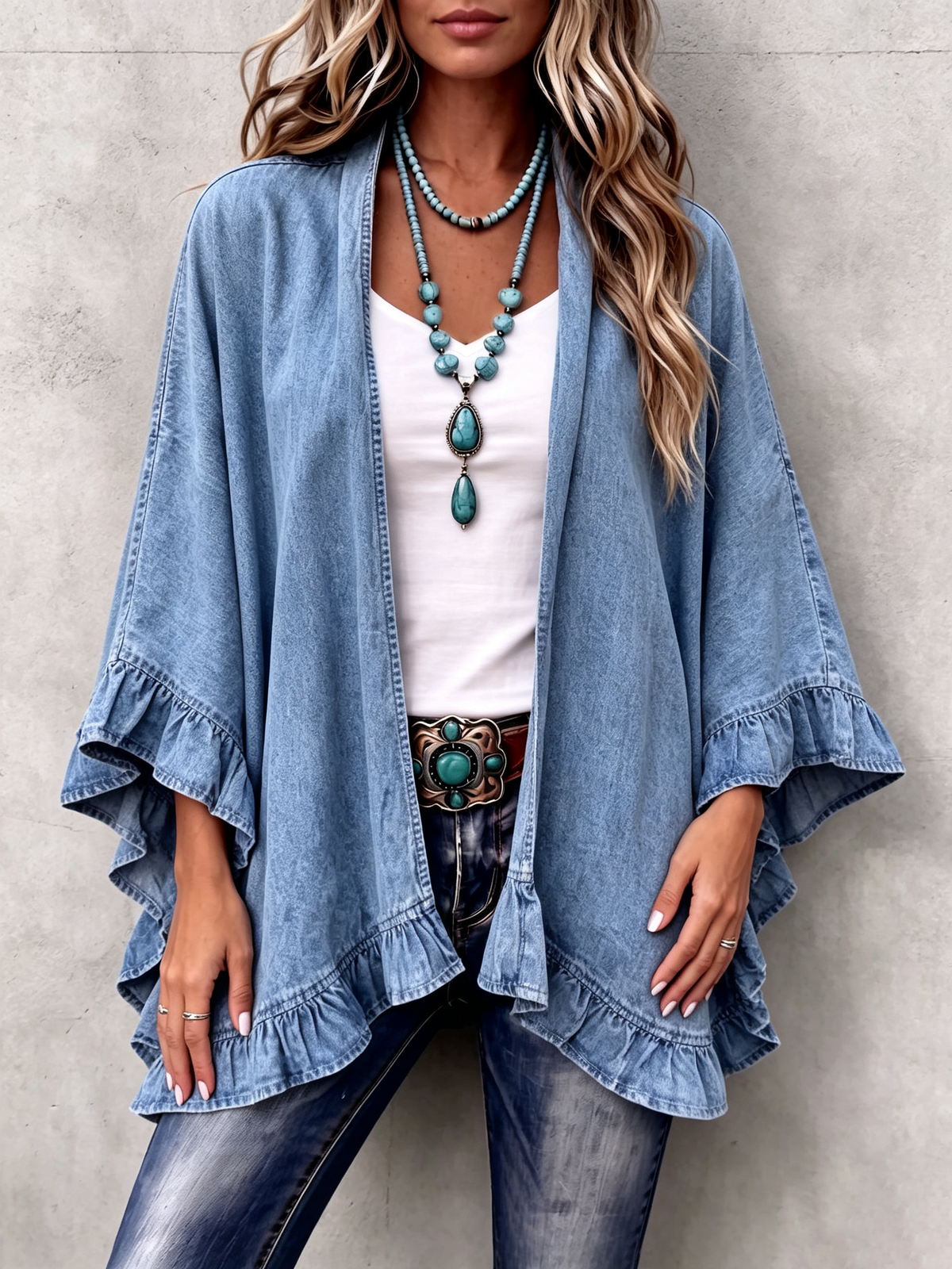 Hollis & June | Corinne Boho Denim Ruffle Cardigan