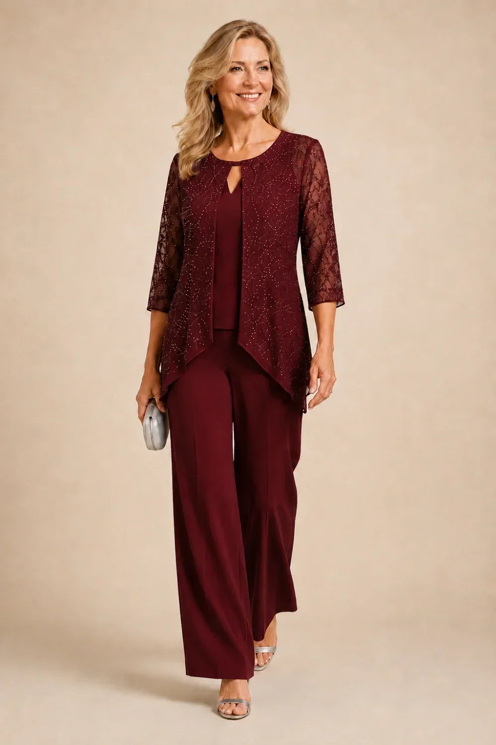 Hollis & June | Beaded Lace Wide-Leg Pant Suit