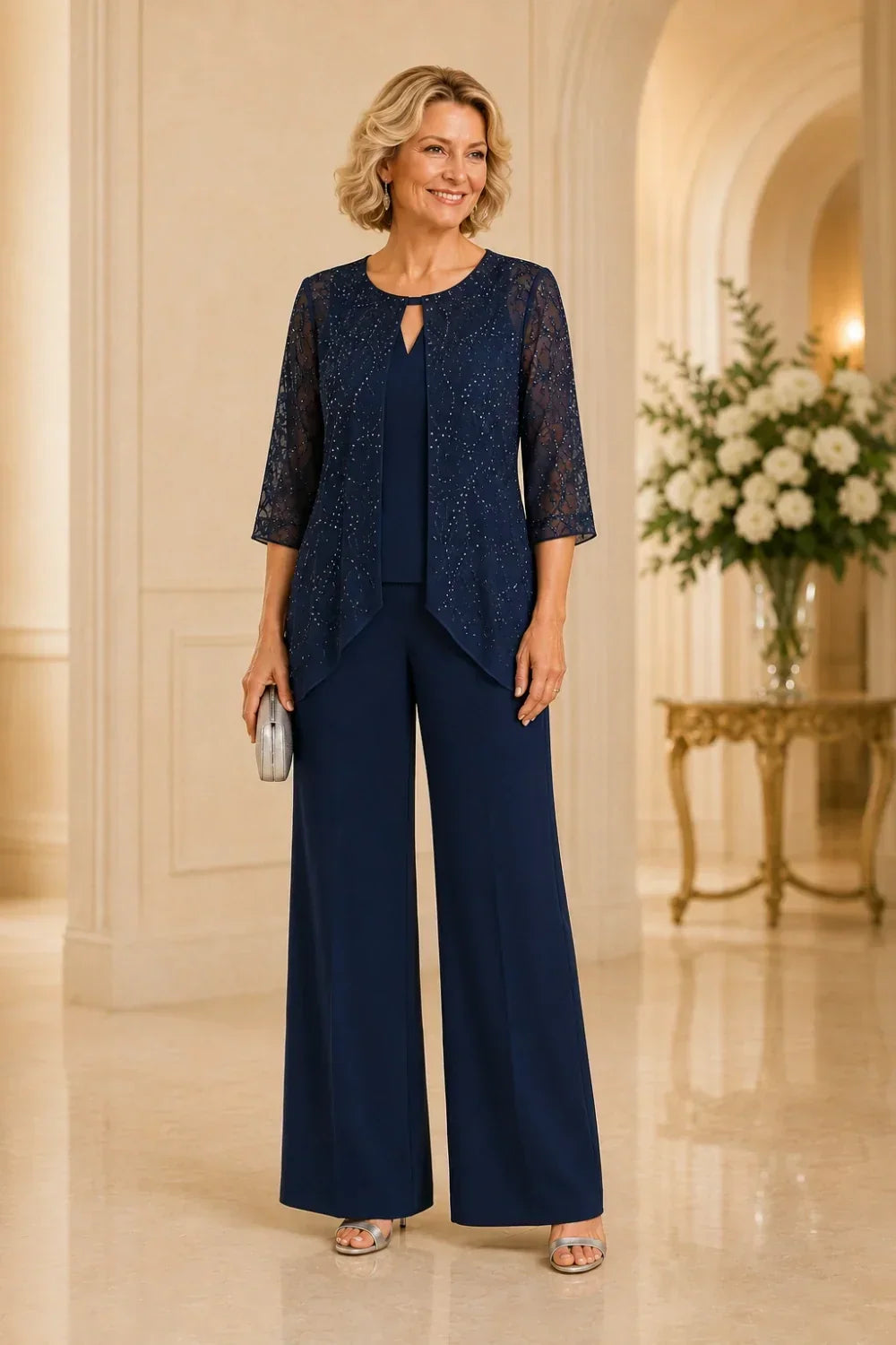 Hollis & June | Beaded Lace Wide-Leg Pant Suit