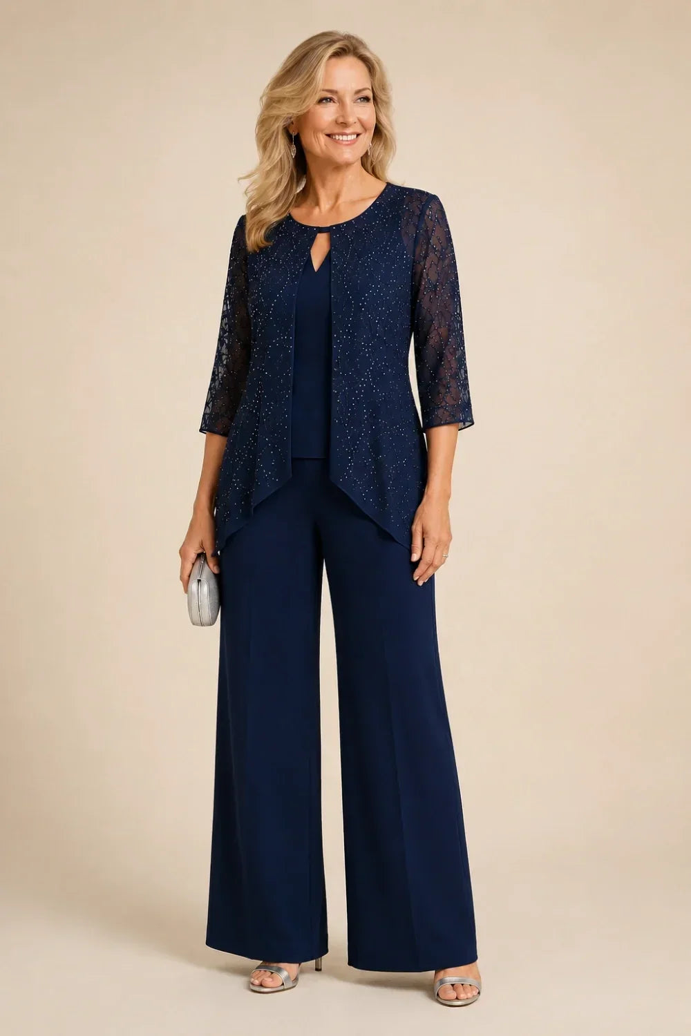 Hollis & June | Beaded Lace Wide-Leg Pant Suit