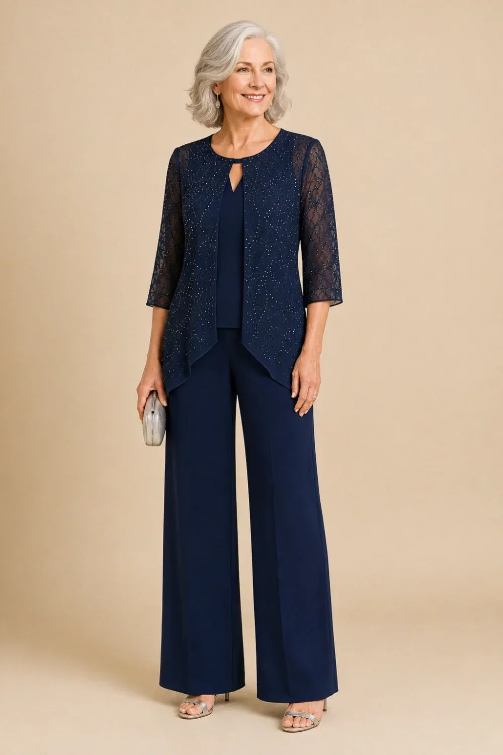 Hollis & June | Beaded Lace Wide-Leg Pant Suit