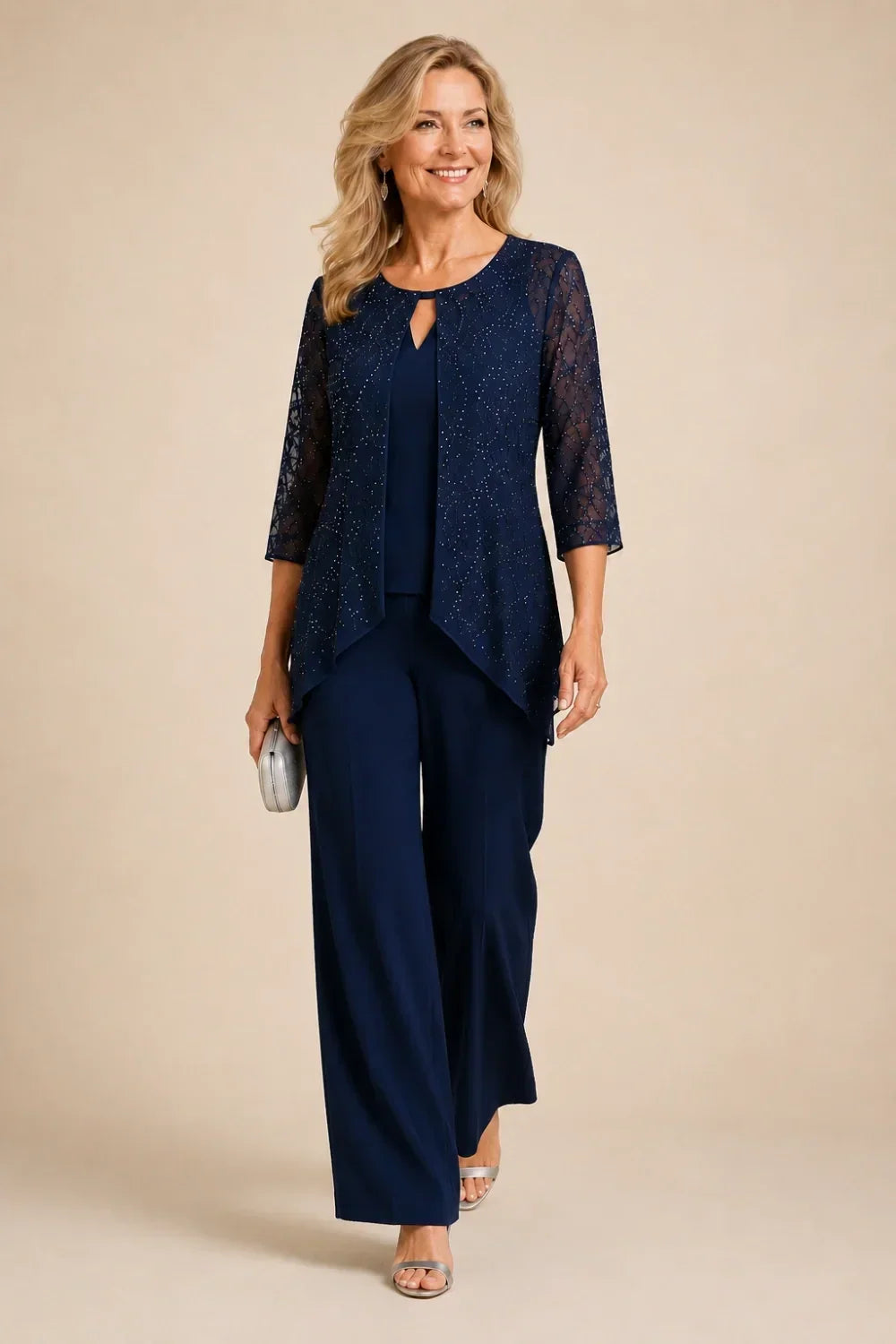 Hollis & June | Beaded Lace Wide-Leg Pant Suit