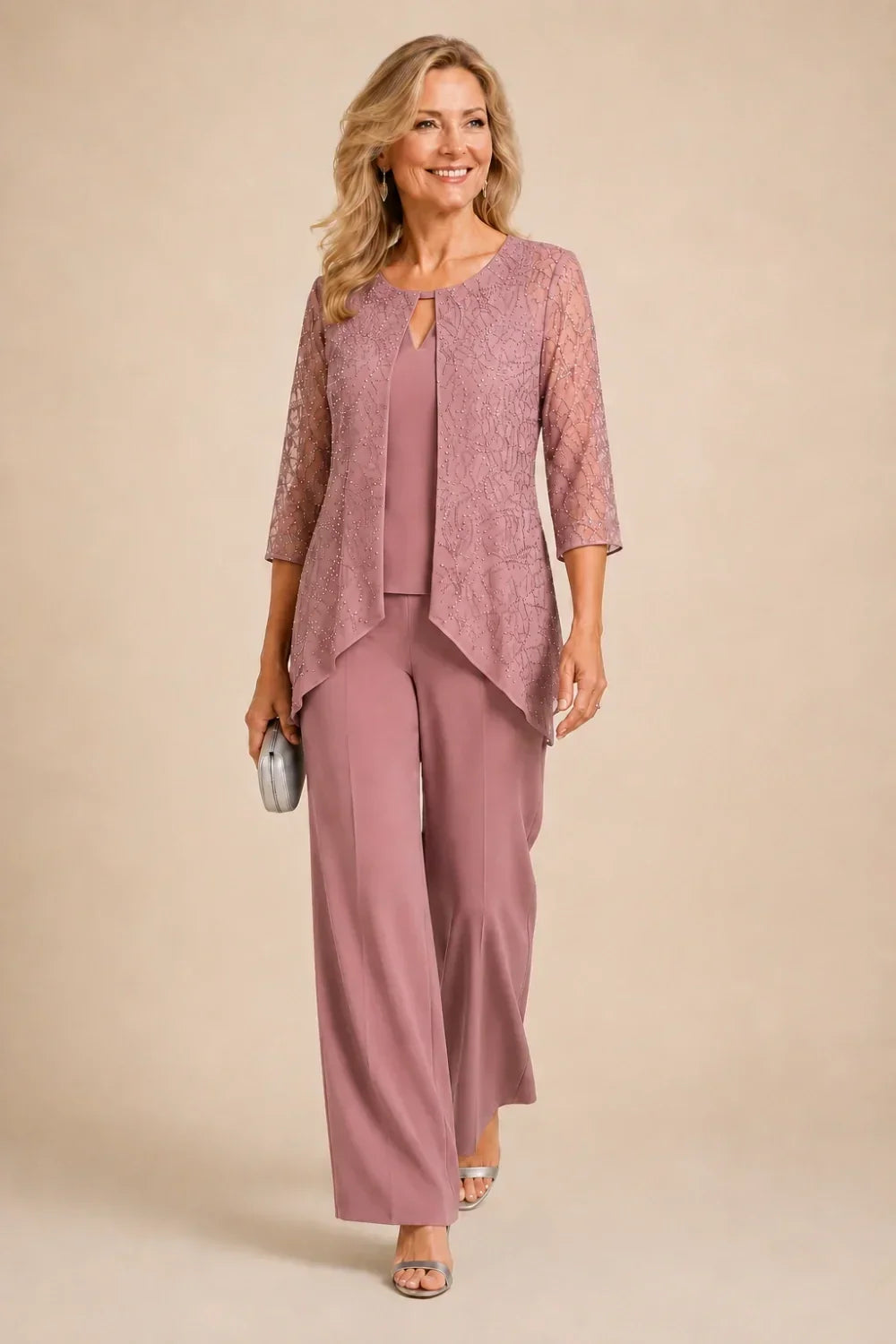 Hollis & June | Beaded Lace Wide-Leg Pant Suit