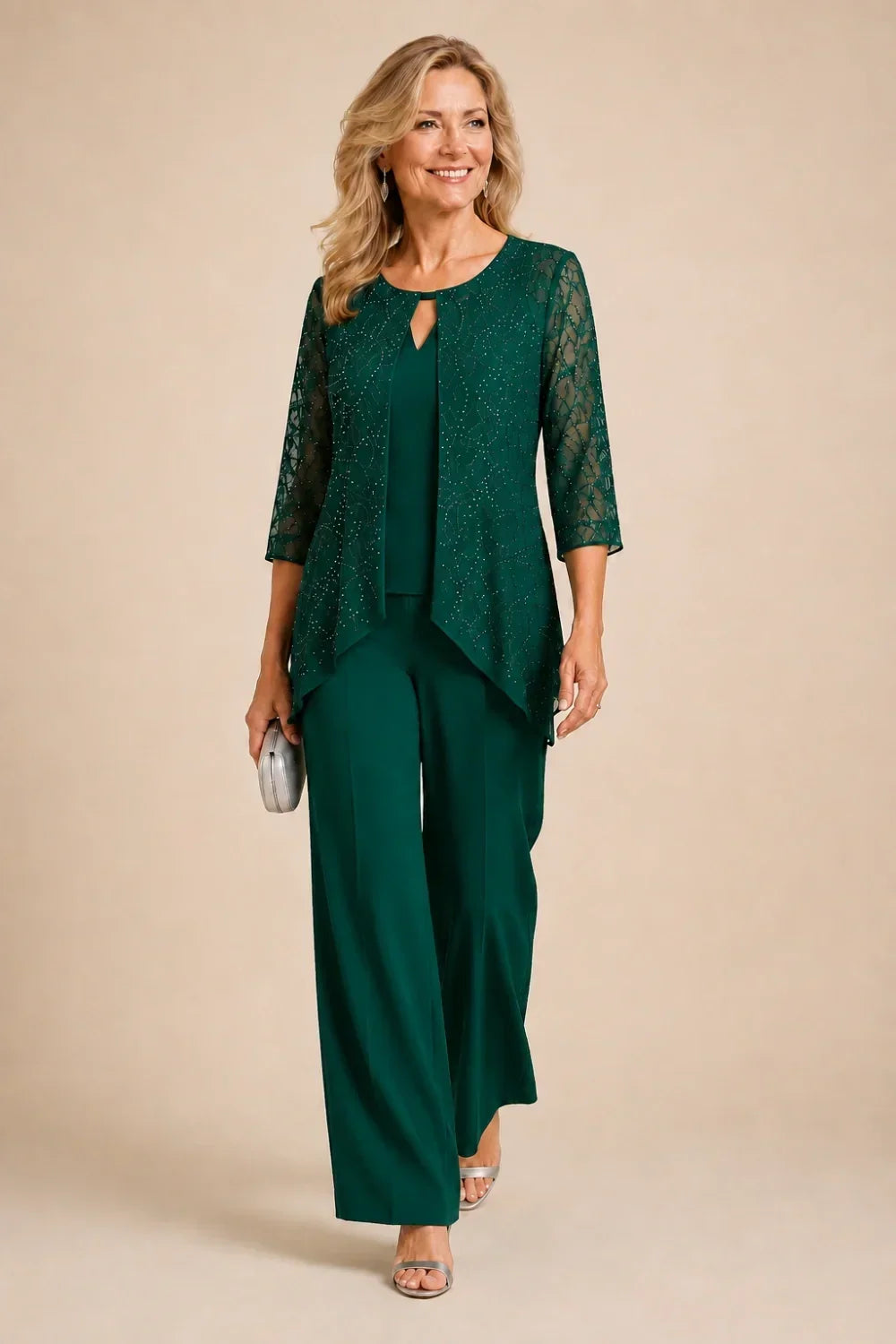Hollis & June | Beaded Lace Wide-Leg Pant Suit