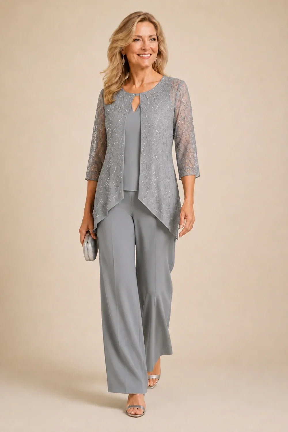 Hollis & June | Beaded Lace Wide-Leg Pant Suit