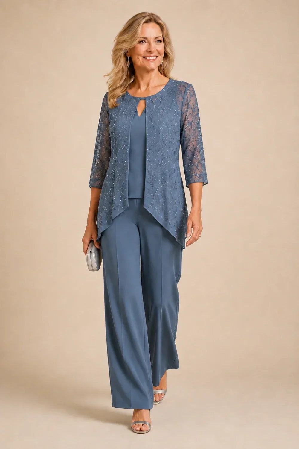 Hollis & June | Beaded Lace Wide-Leg Pant Suit