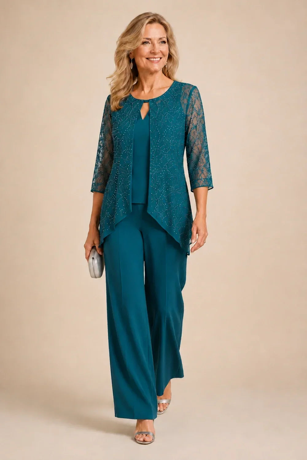 Hollis & June | Beaded Lace Wide-Leg Pant Suit