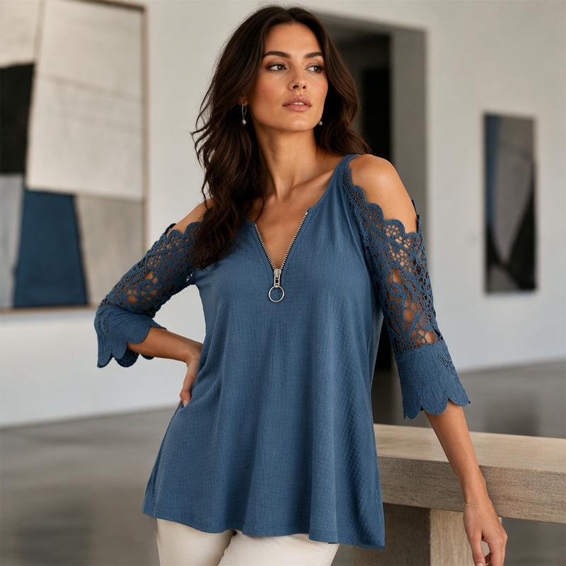 Hollis & June | Lace Cold-Shoulder Zip Top