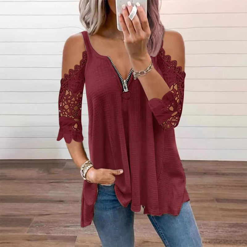 Hollis & June | Lace Cold-Shoulder Zip Top