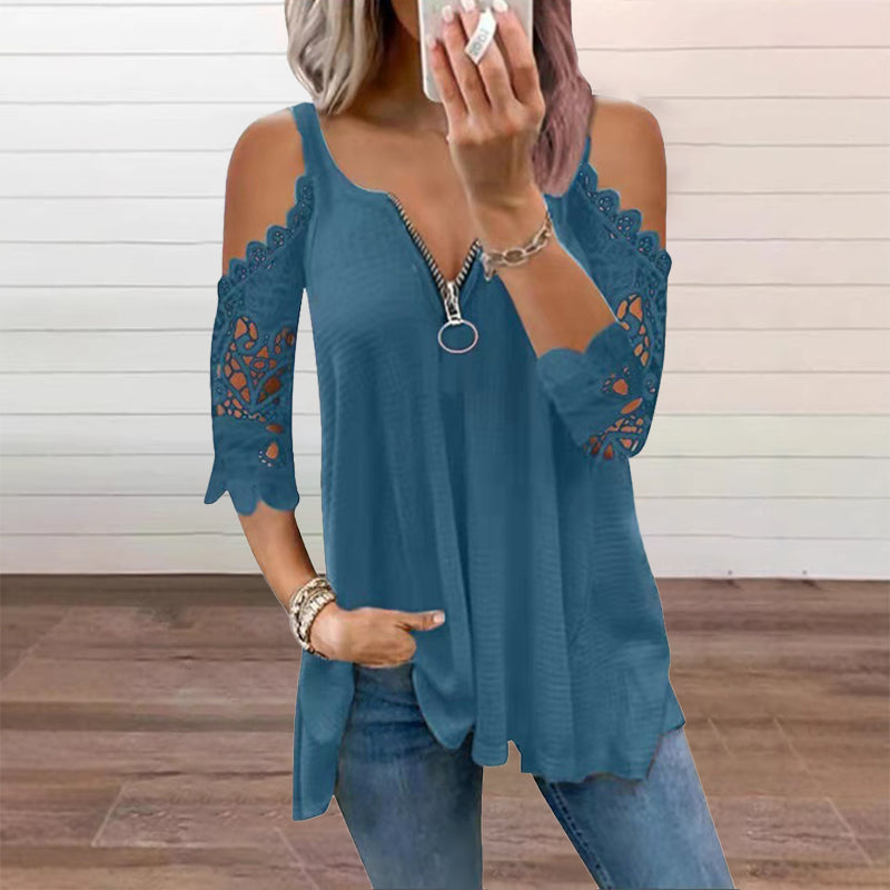 Hollis & June | Lace Cold-Shoulder Zip Top