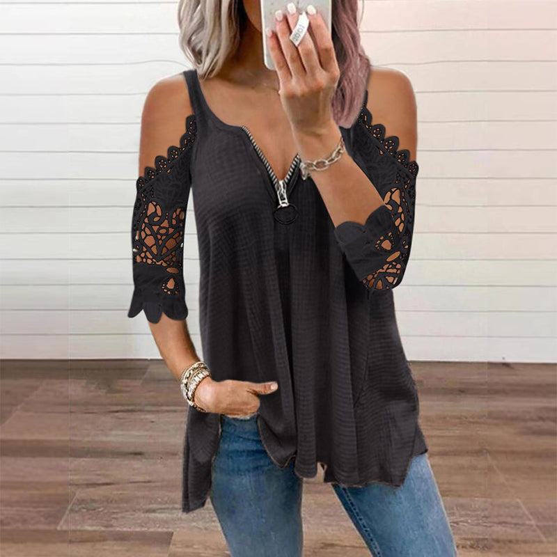 Hollis & June | Lace Cold-Shoulder Zip Top